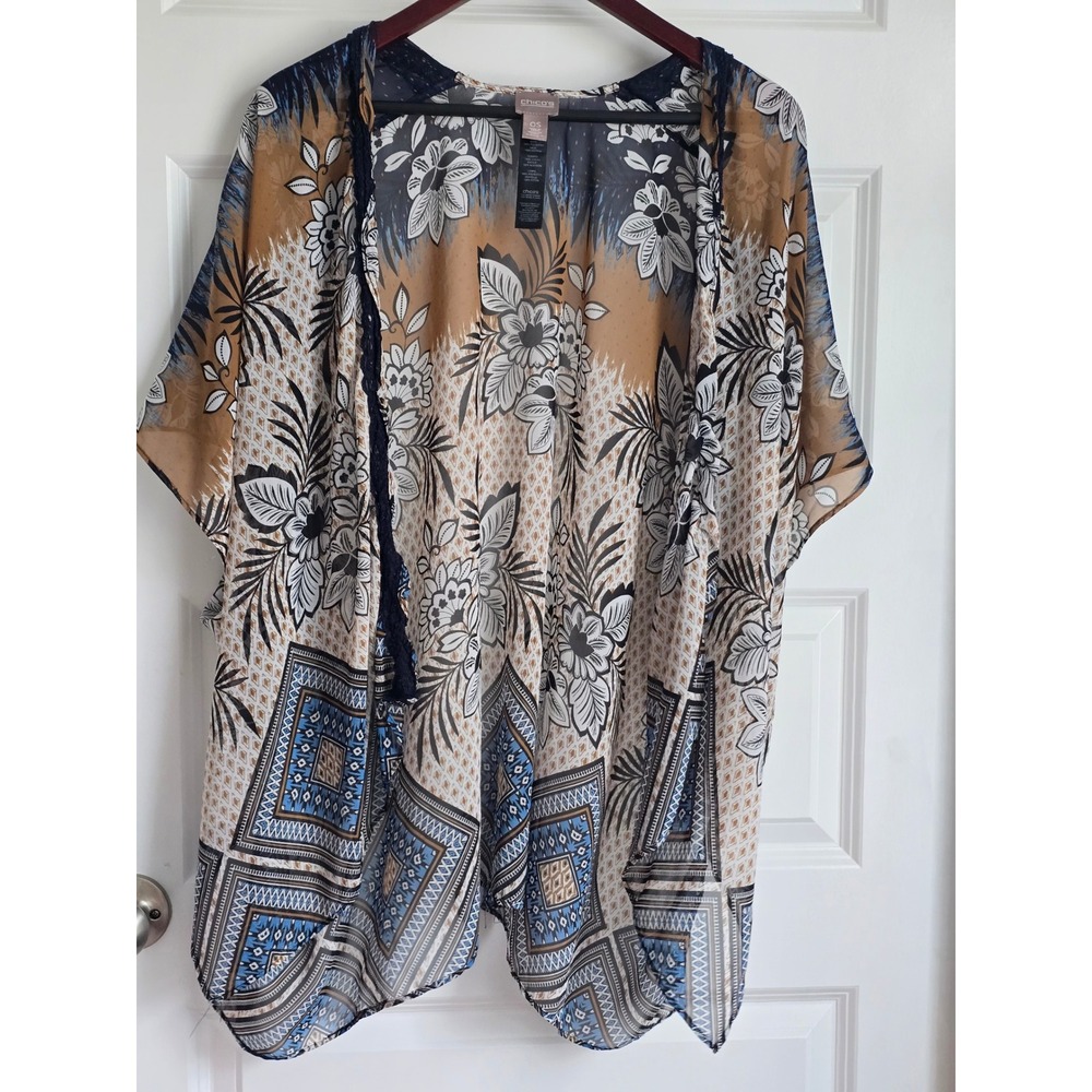 Chicos Floral Geometric Sheer Kimono Wrap Navy Tan White OS Boho Lace Trim